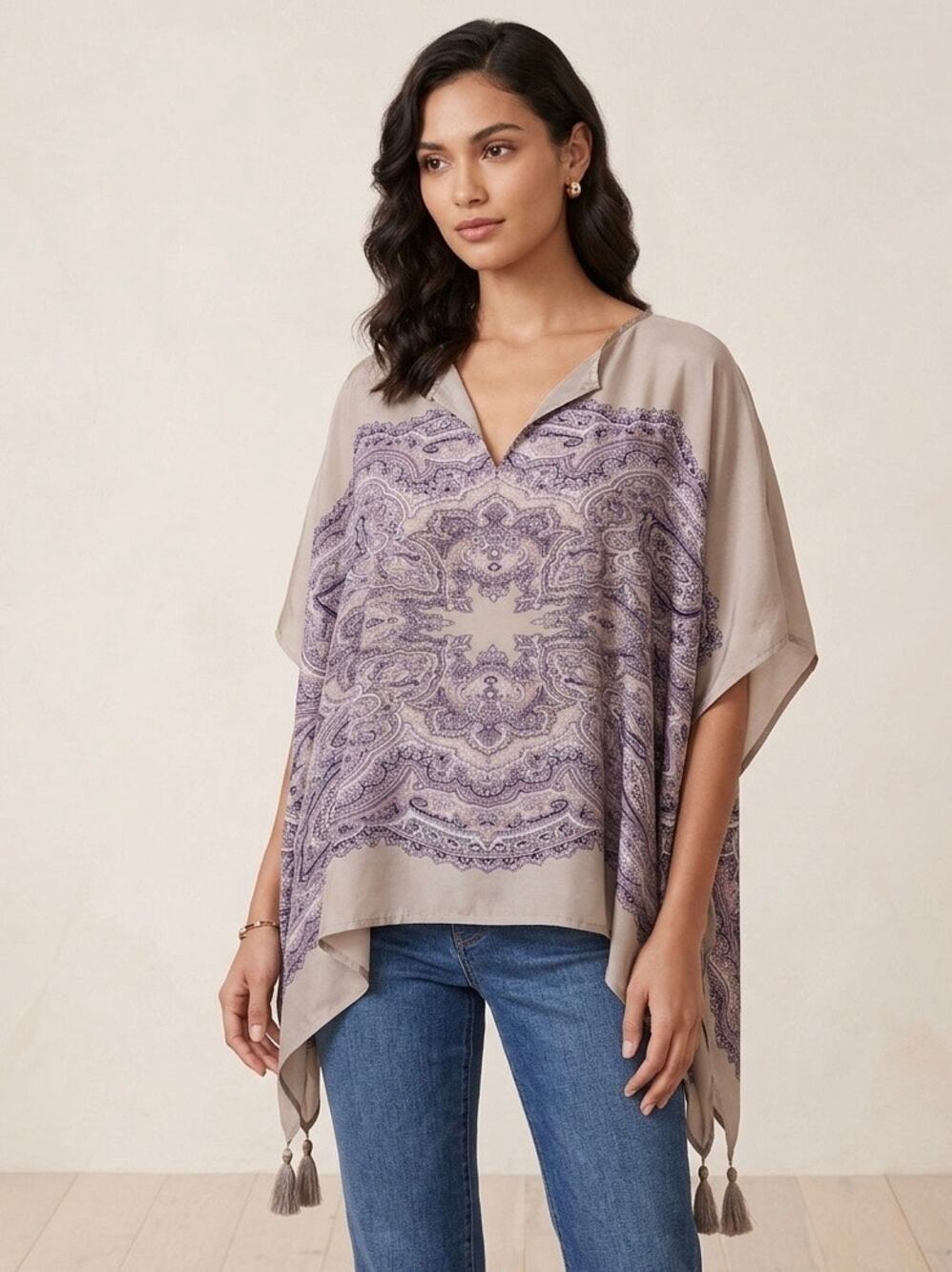 Marrakech Women’s 100% Silk Blouse Top S Tapestry Kaftan Purple‎ Boho Artsy